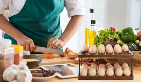 Front-facing side view of Lurockie Acacia egg rack highlighting its sturdy two-tier design.