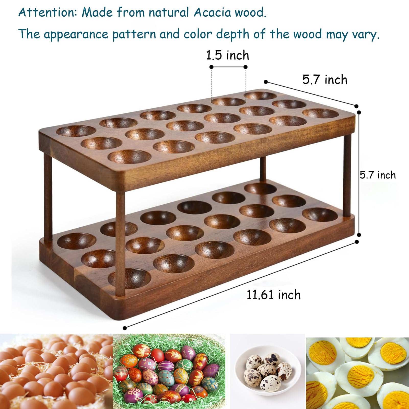 Lurockie Acacia wooden egg rack on a clean countertop blending farmhouse charm with practicality.