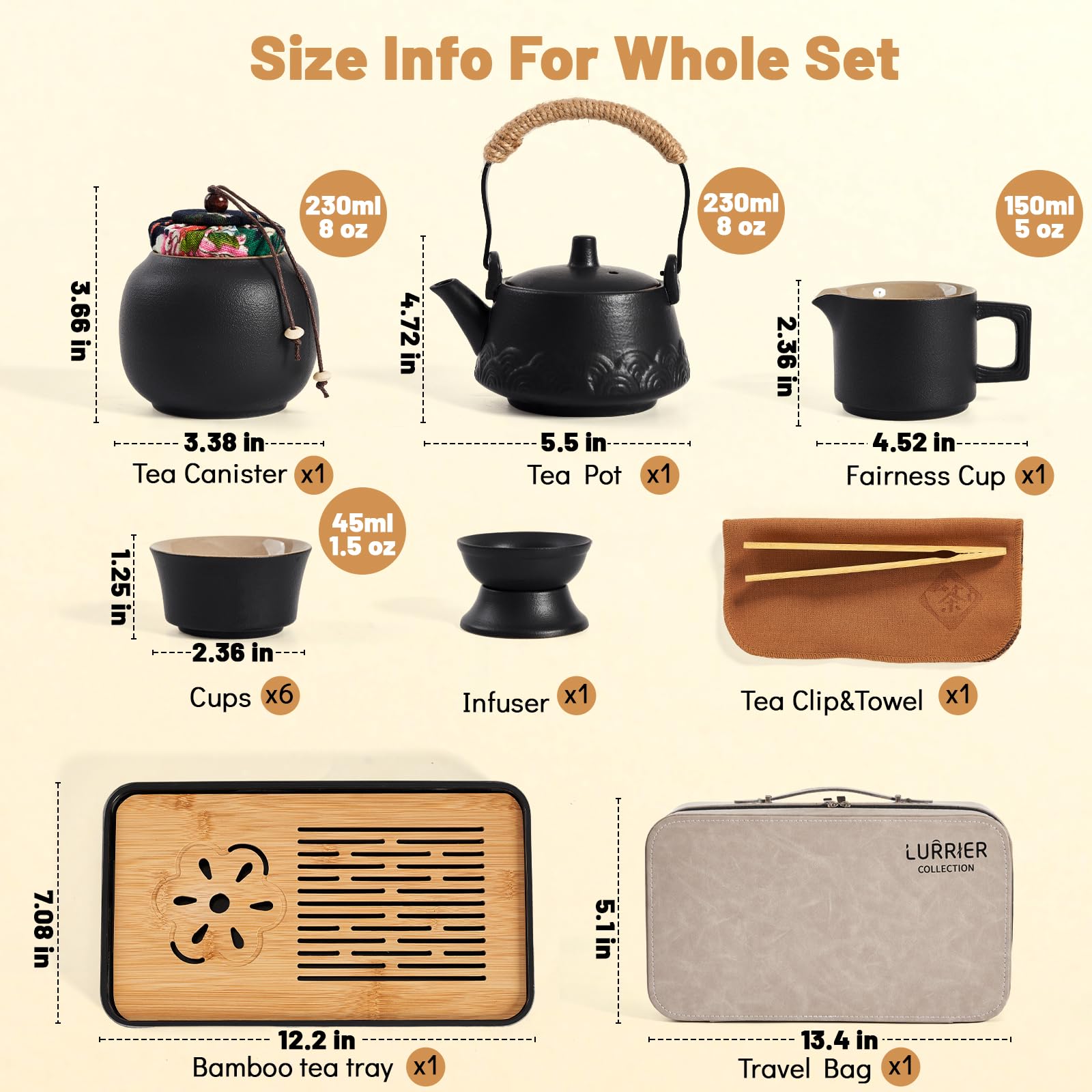 LURRIER Gongfu tea set teacups for convenient, compact travel serving.
