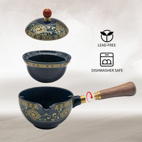 LURRIER wooden handle teapot reducing heat risk during pouring.