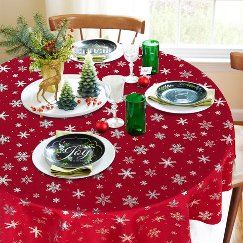 LUSHVIDA snowflakes foil print round tablecloth for stylish holiday gatherings
