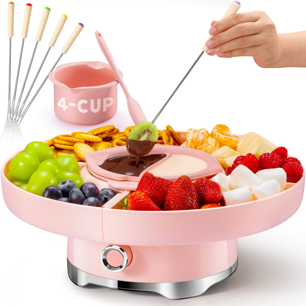 LUSHYUM chocolate fondue pot set features 4-cup capacity for larger party spreads.