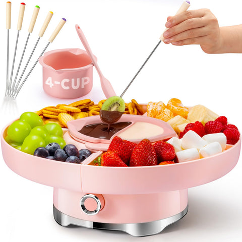 LUSHYUM chocolate fondue pot set features 4-cup capacity for larger party spreads.