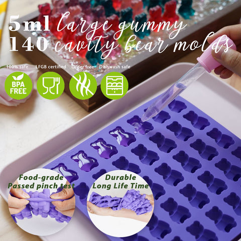 LUSHYUM gummy bear mold with four droppers for easy batch filling.