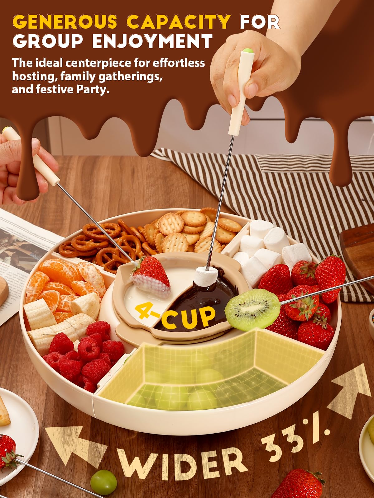 LUSHYUM rotating tray enables easy self-service at parties.