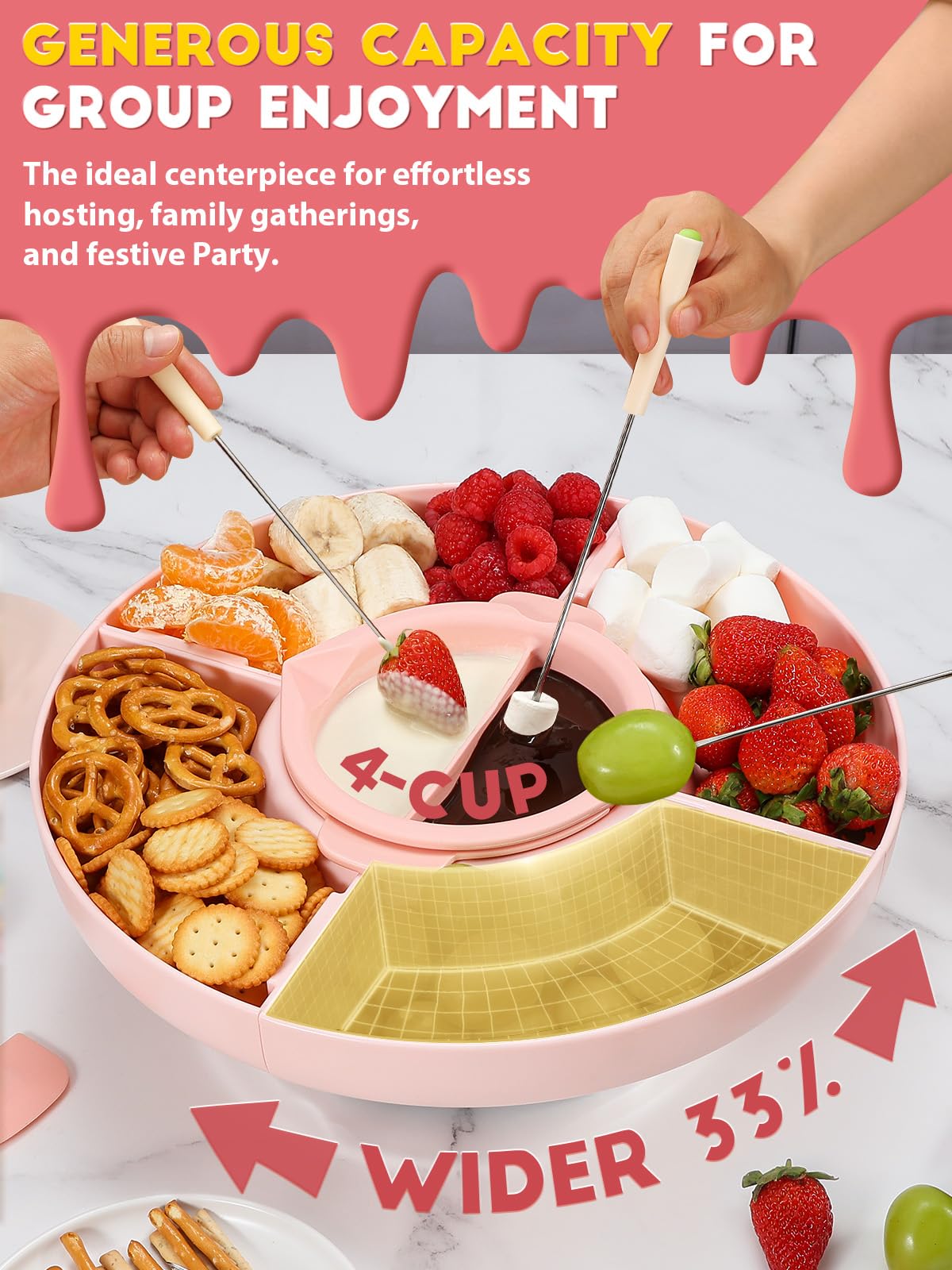 LUSHYUM rotating tray enables easy grabbing of strawberries and treats.