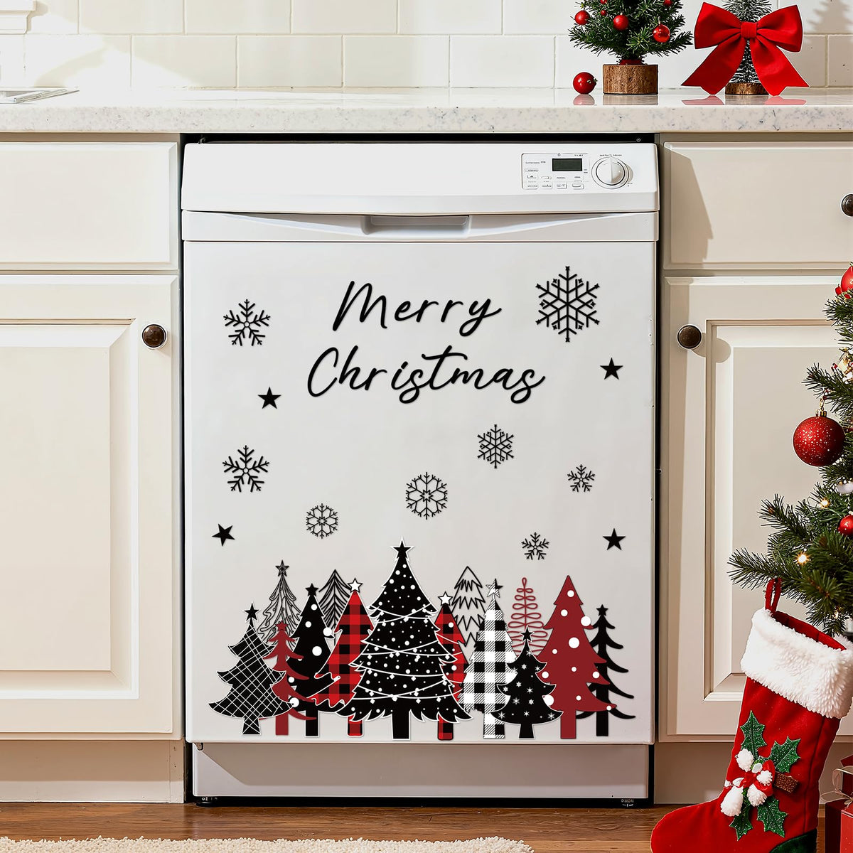 LUUFILx Merry Christmas dishwasher magnets in plaid forest for festive kitchen decor