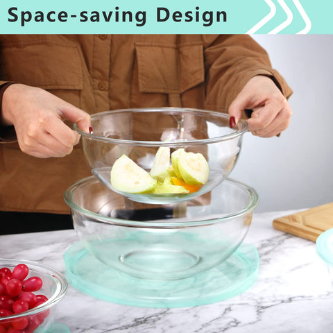 Luvan glass bowl with lid demonstrates nesting for storage.