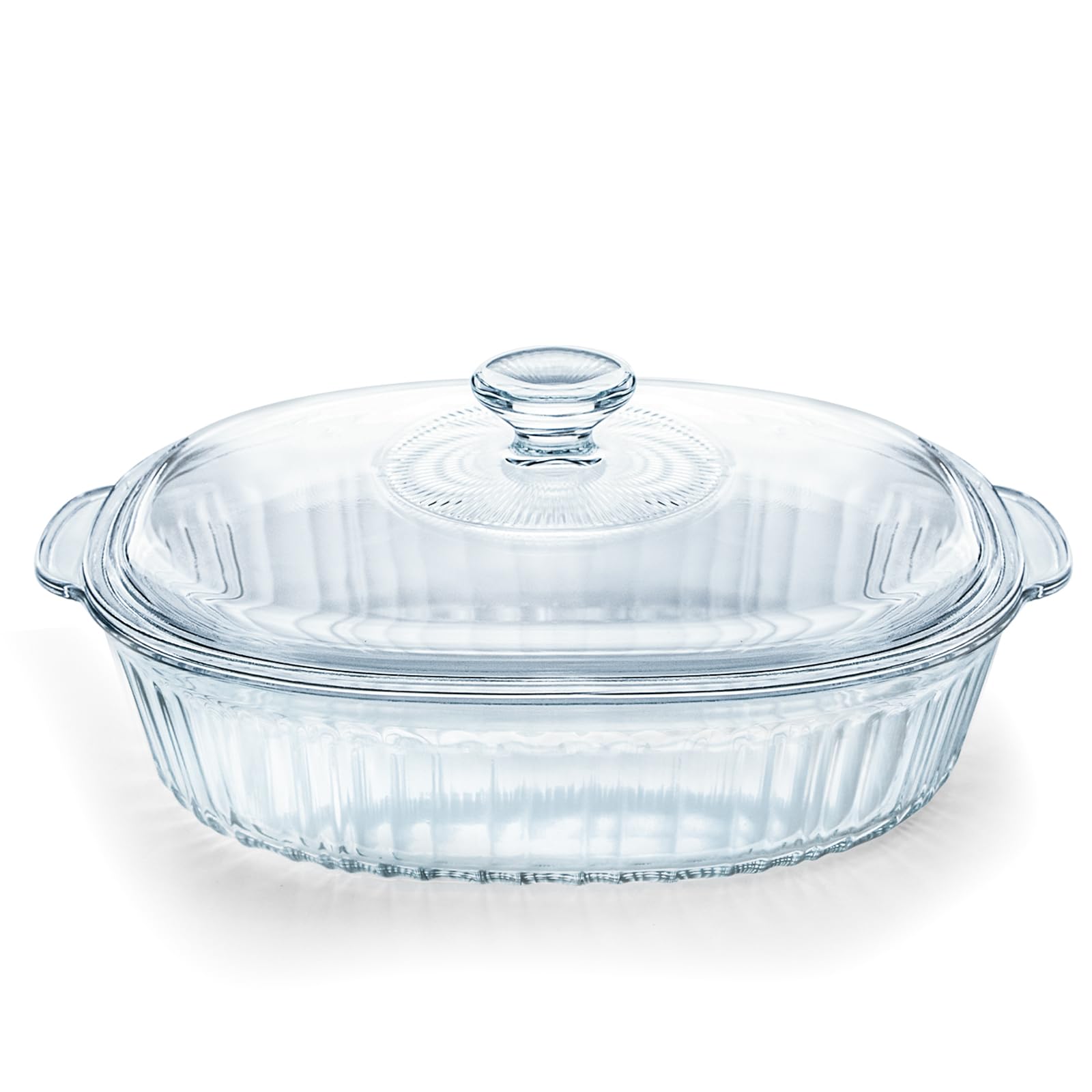 Luvan glass casserole dish with ribbed oval lid for even baking and presentation