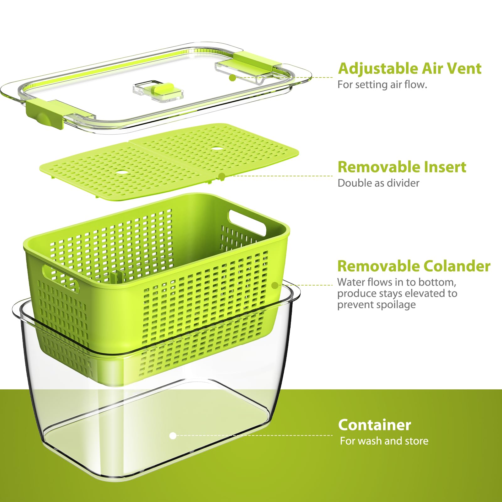 LUXEAR Fresh Container 6-8cup keeps berries and greens neatly separated and visible.