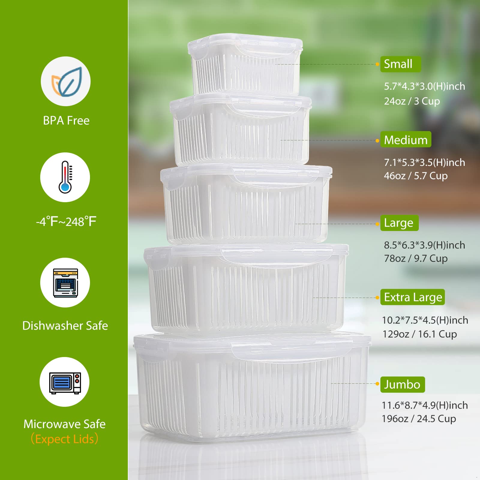 LUXEAR lids and colanders with containers ready for washing and drainage