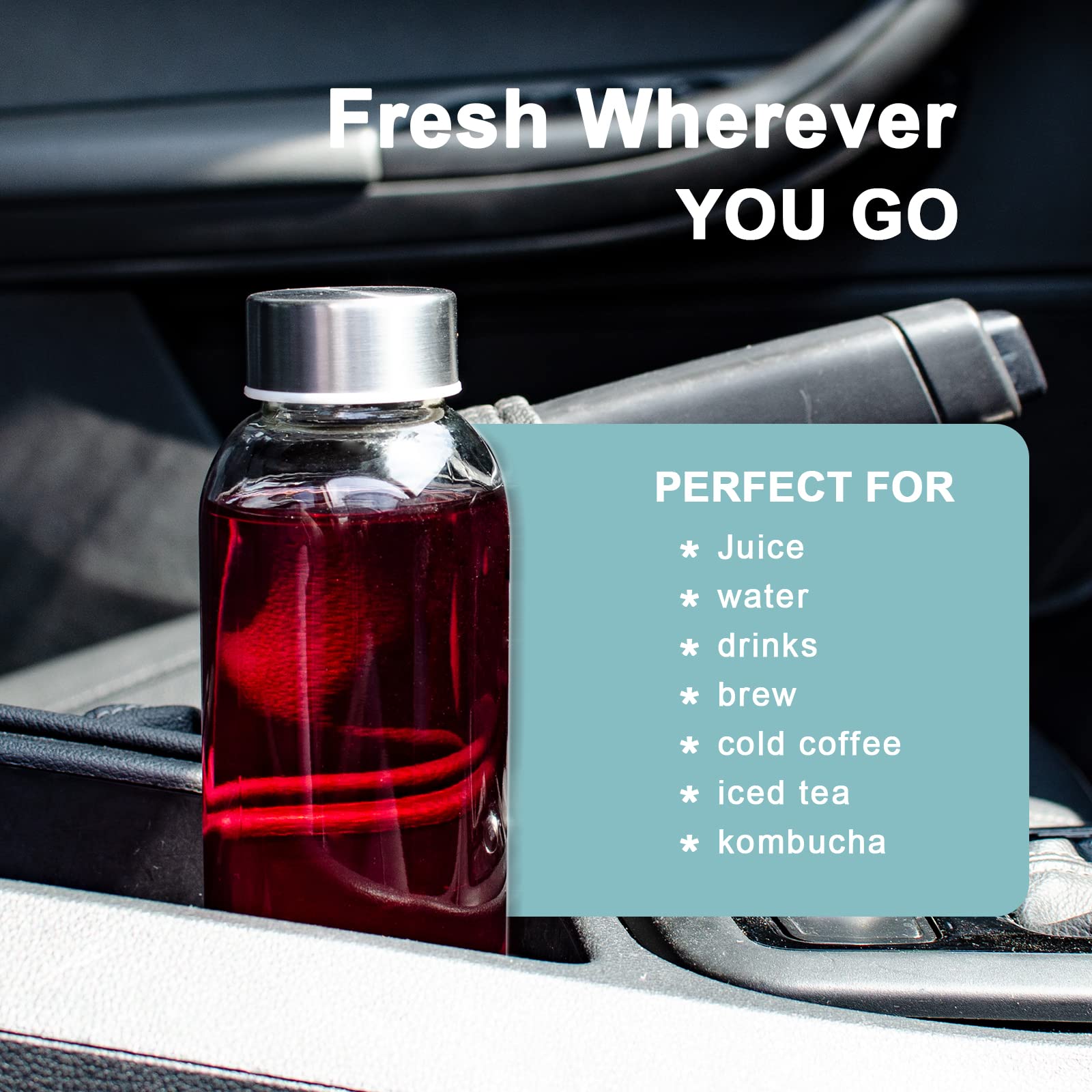 Luxfuel bottle in refrigerator ready for juice, water, or infused drinks.