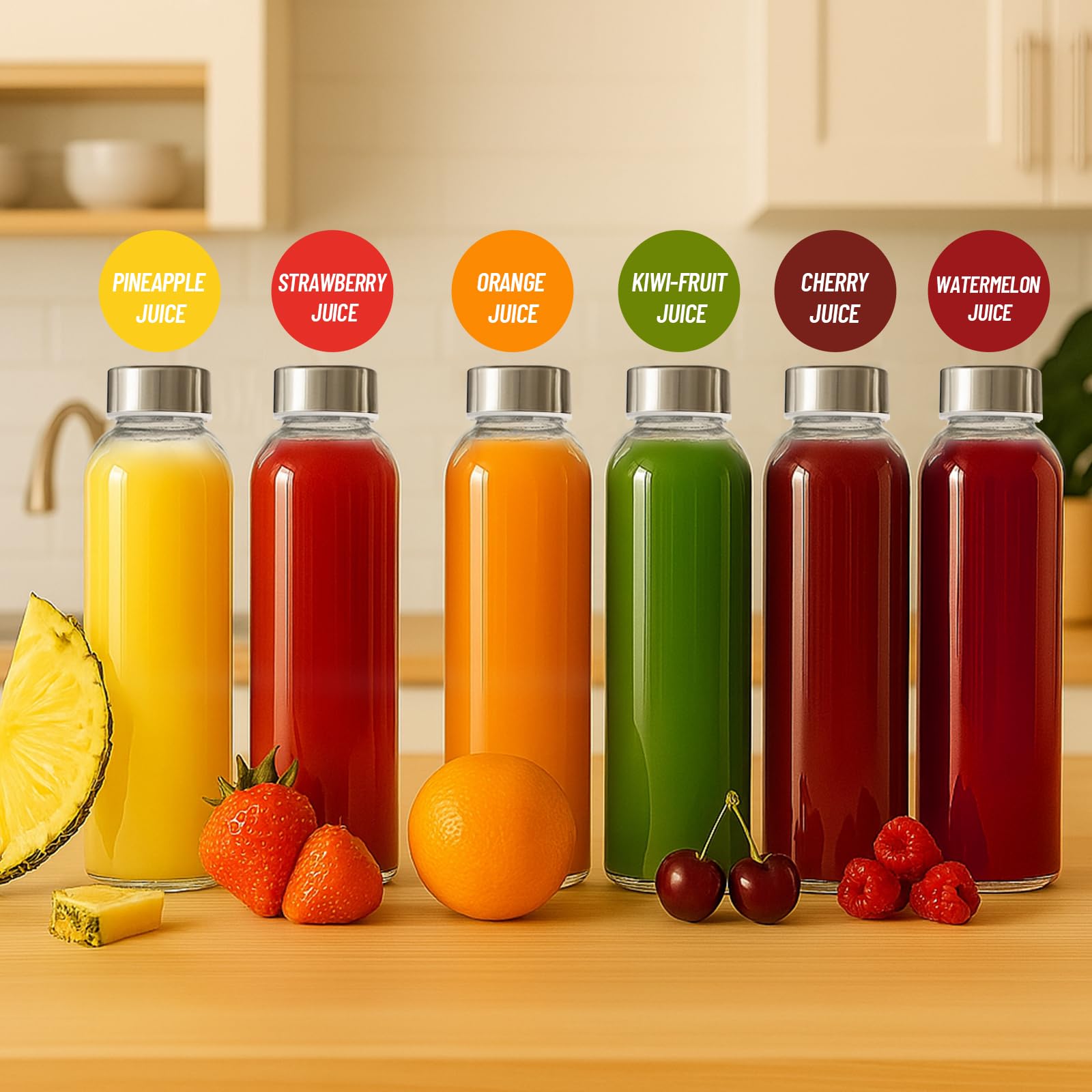 Luxfuel kitchen setup with glass bottle storage for beverages and infusions.