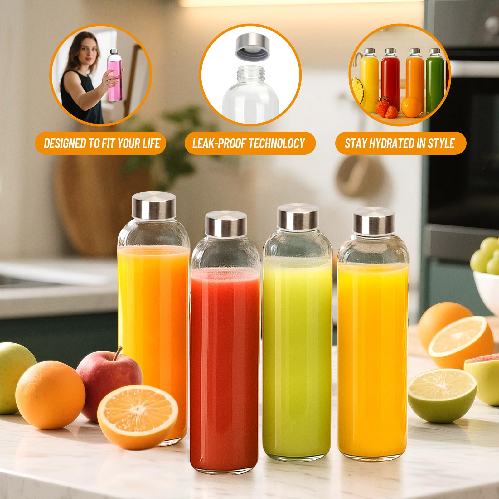 Luxfuel three-pack glass bottles keeps juices fresh and stylish at home.