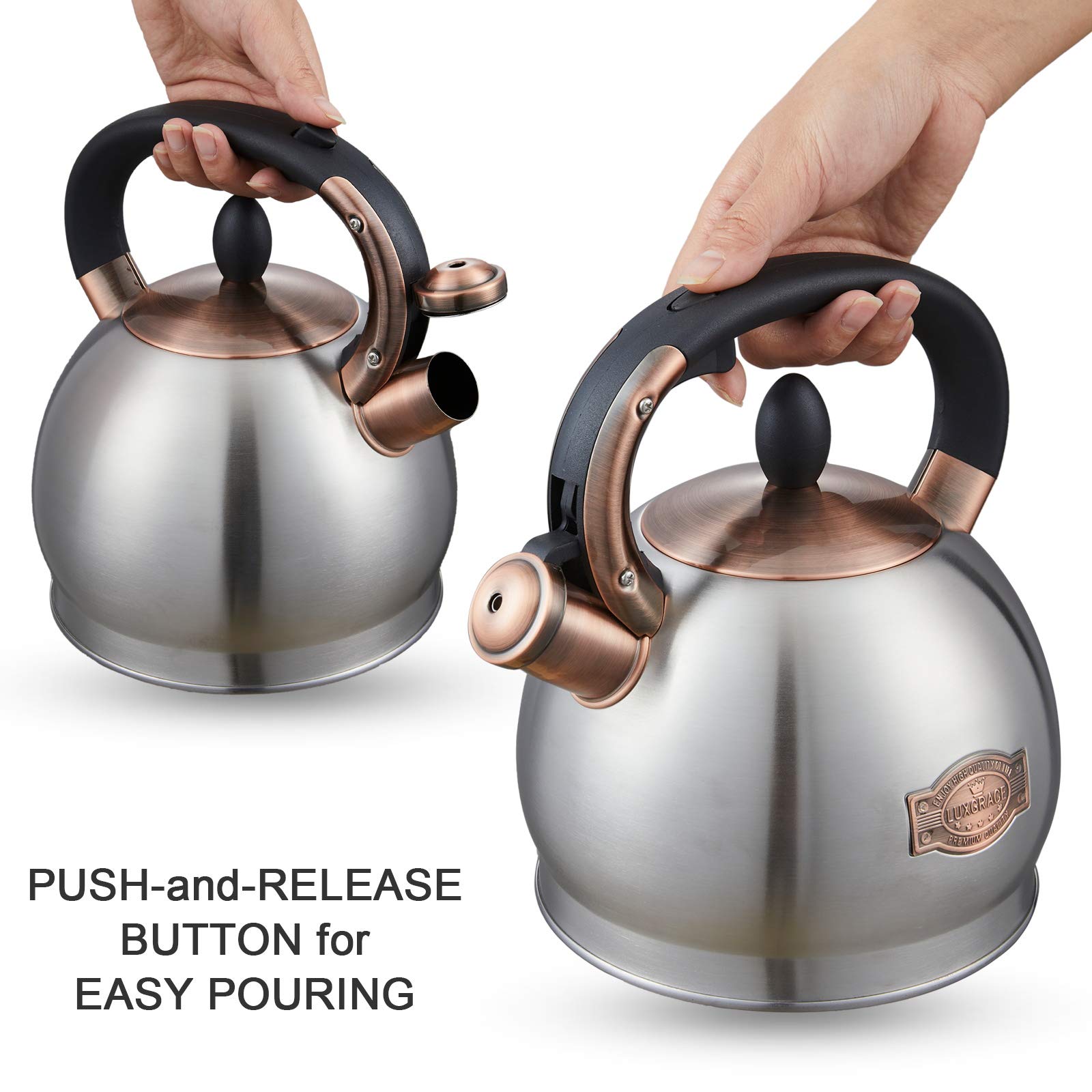 LUXGRACE tea kettle handle close-up, heat-proof grip.