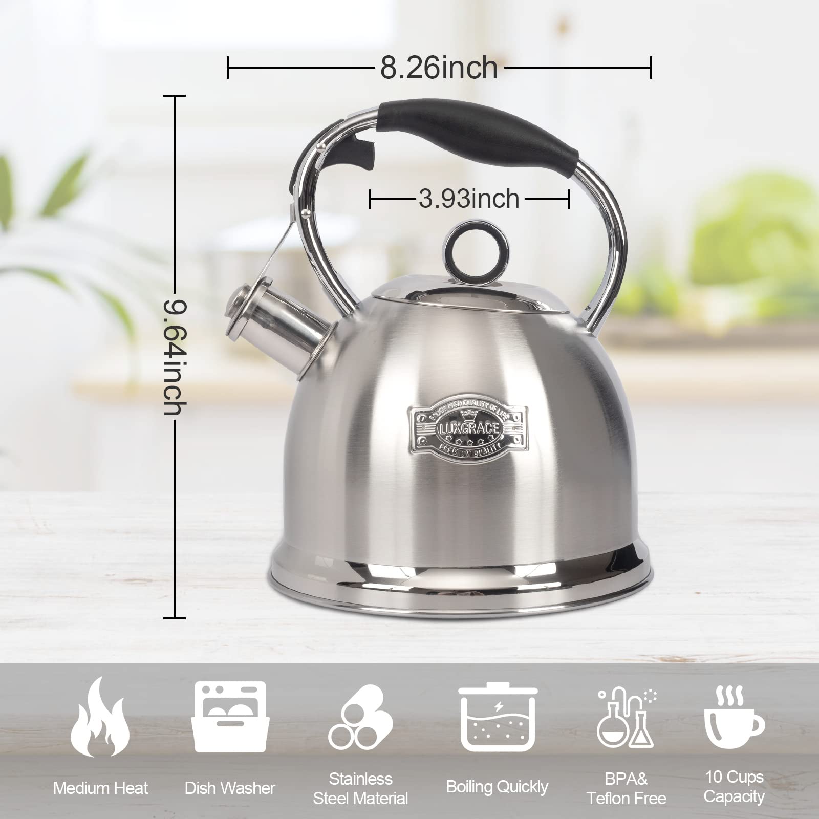 LuxGrace tea kettle induction-compatible for versatile stovetop use