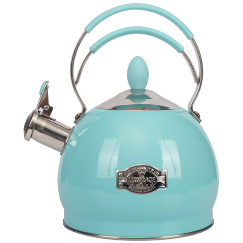 LuxGrace whistling tea kettle close-up highlights durable stainless steel for quick, hot water.