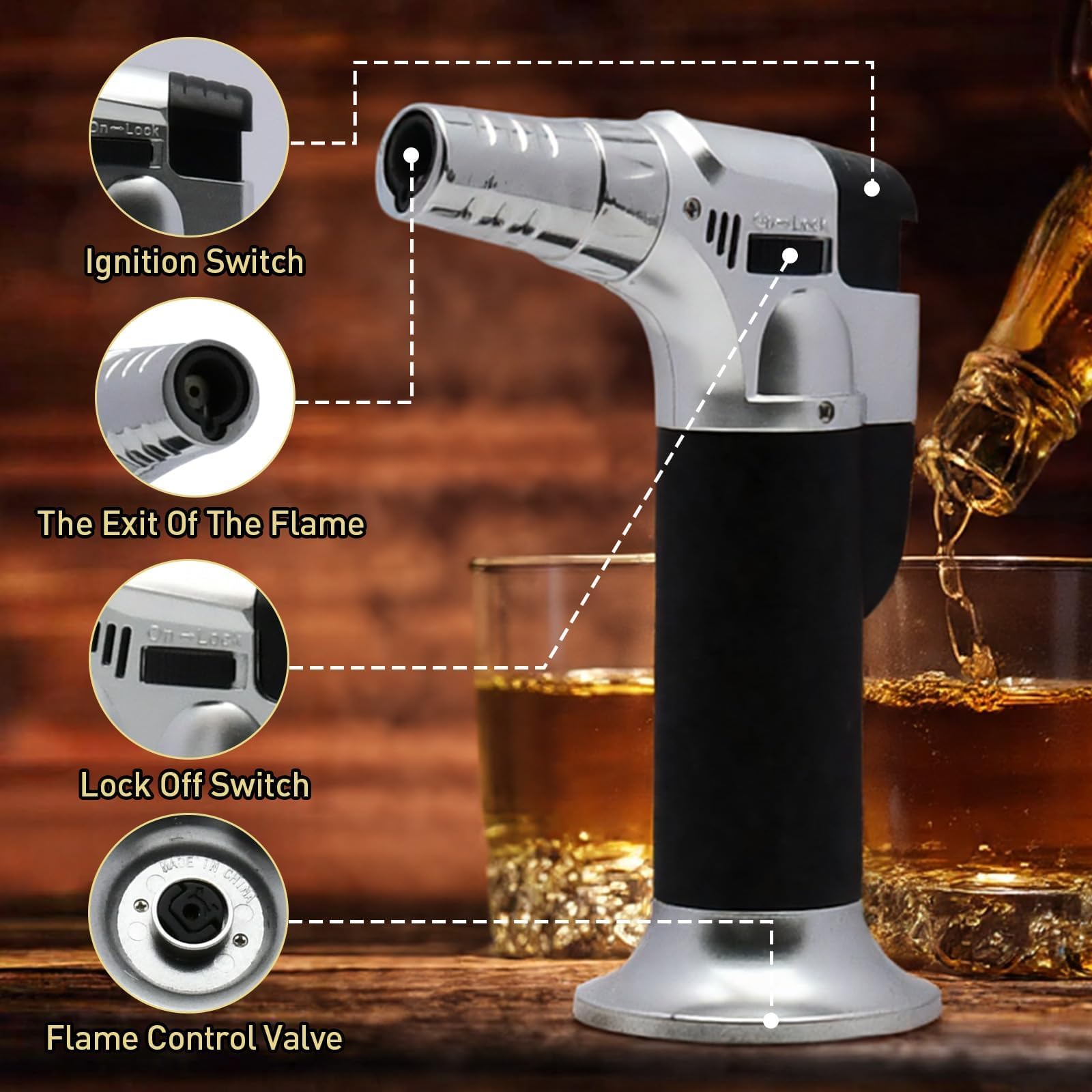 Luxice torch with controlled flame supports quick, reliable smoke infusion.