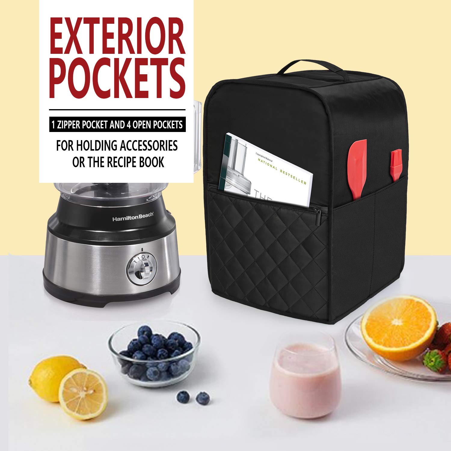 Luxja cover featuring accessory pockets keeps spatula and recipe book organized.