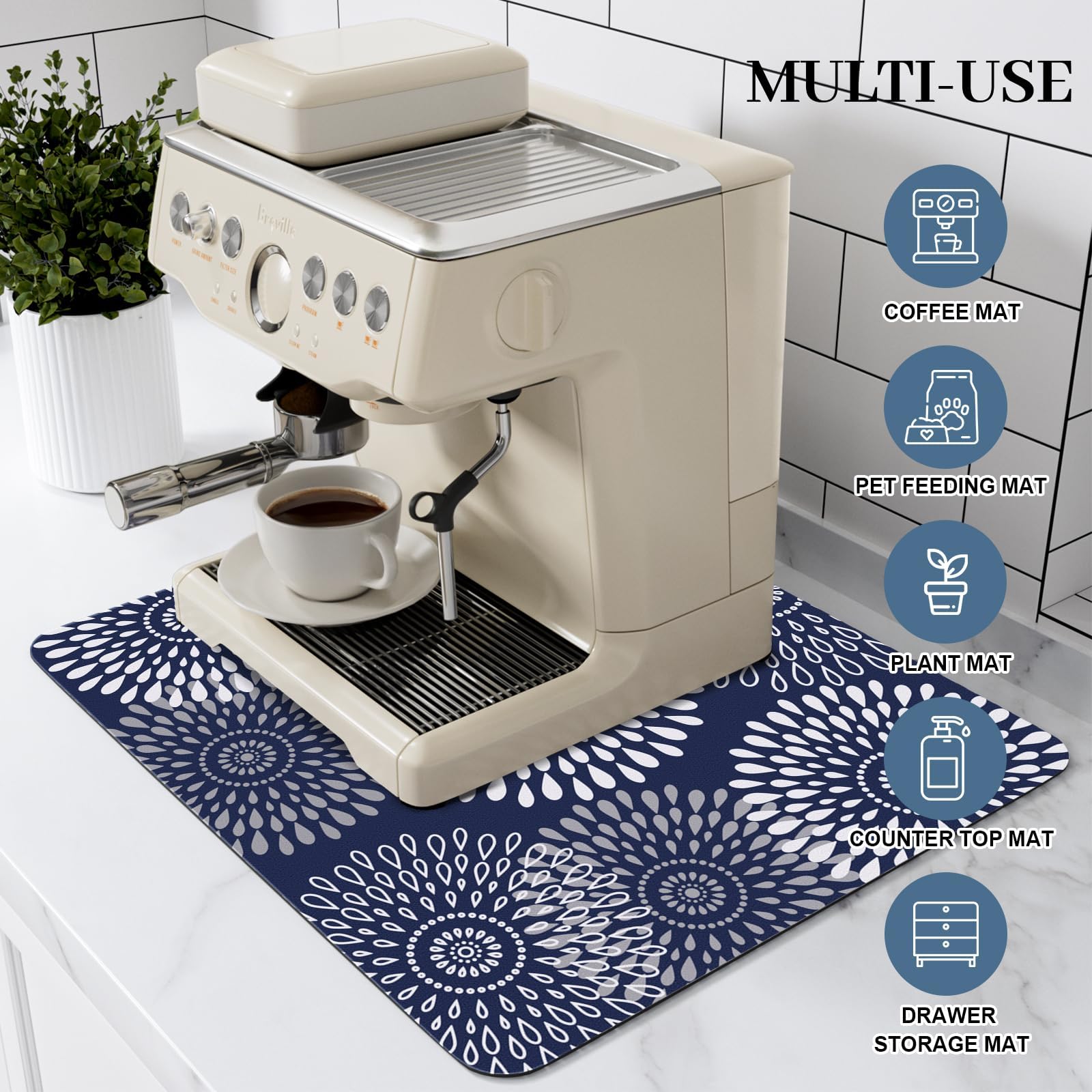 LuxStep rubber-backed mat stays in place on a slick counter during drying.
