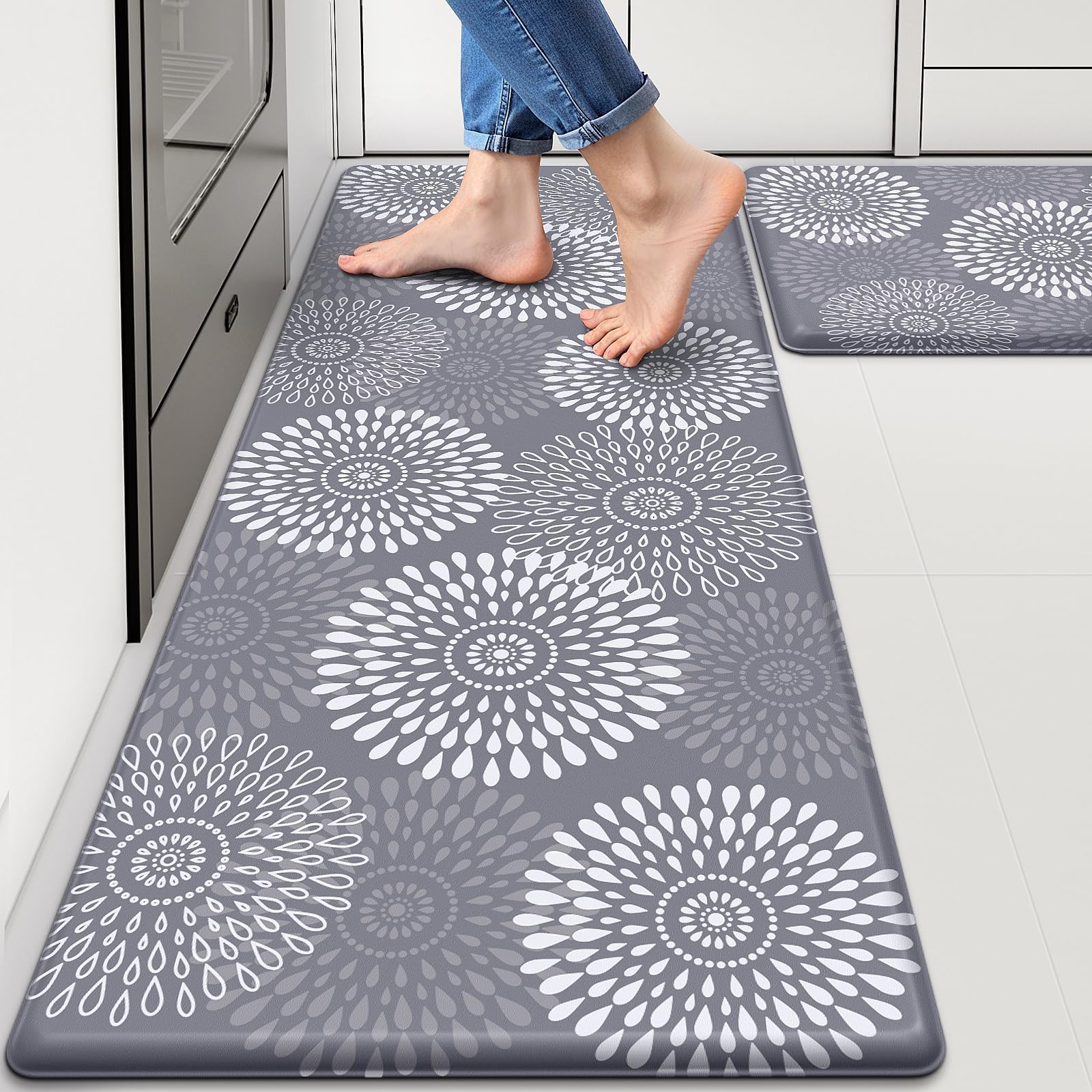 LuxStep kitchen mat close-up on a kitchen floor showing its waterproof, non-slip surface.