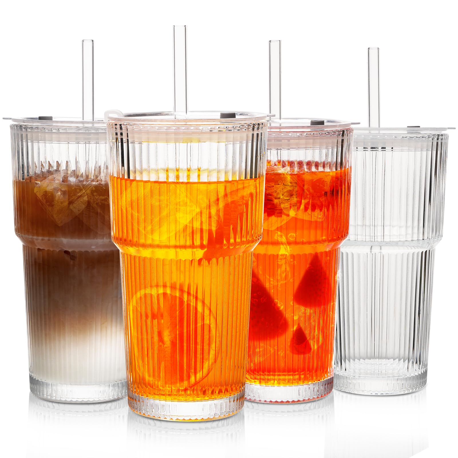 Luxulish 20oz ribbed glass tumbler with lids and straws for stylish iced drinks.