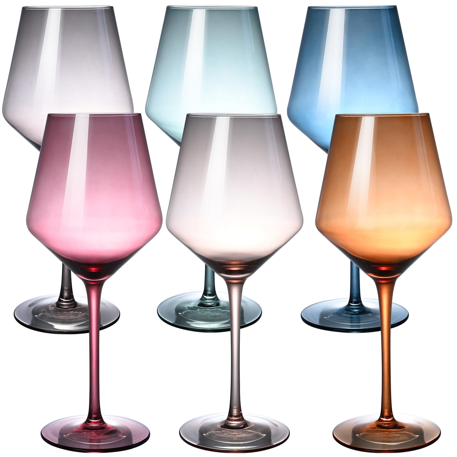 LUXULISH colored wine glasses set of six on table, ideal for entertaining.