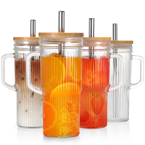 LUXULISH ribbed glass tumbler with handle for easy grip and everyday use.