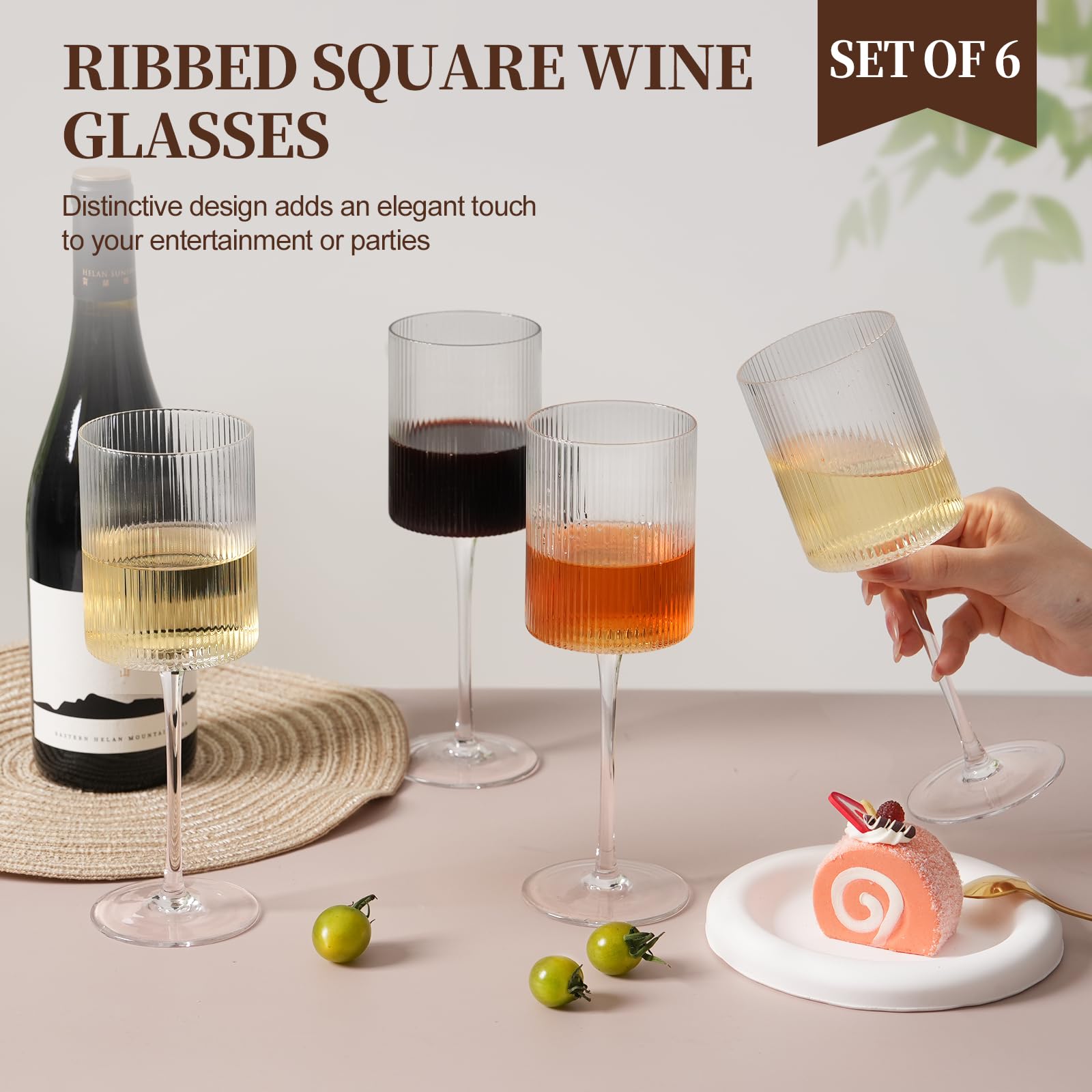 Close-up of LUXULISH ribbed square wine glass showing crystal clarity