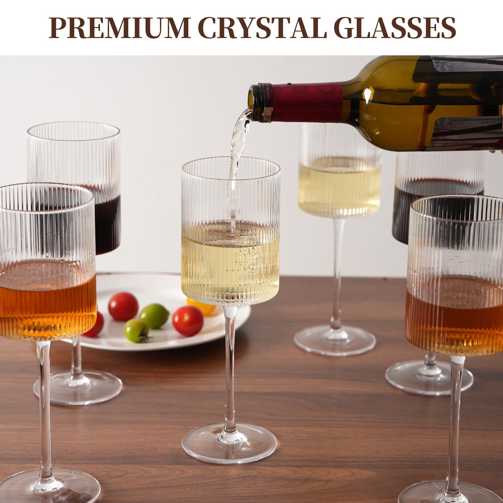 Dining table setup featuring LUXULISH ribbed square wine glasses