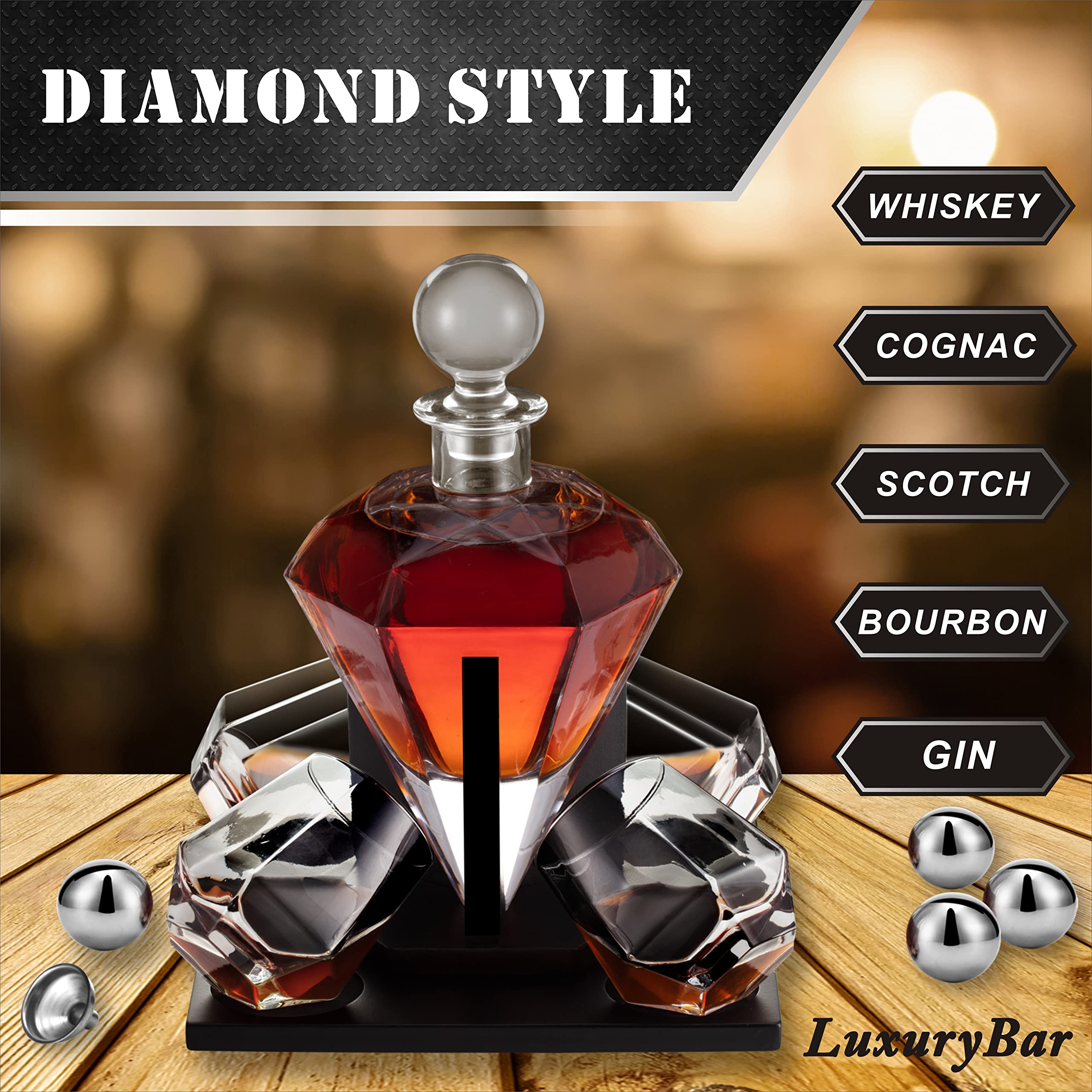 LuxuryBar funnel and accessories simplify pouring from bottle to decanter.