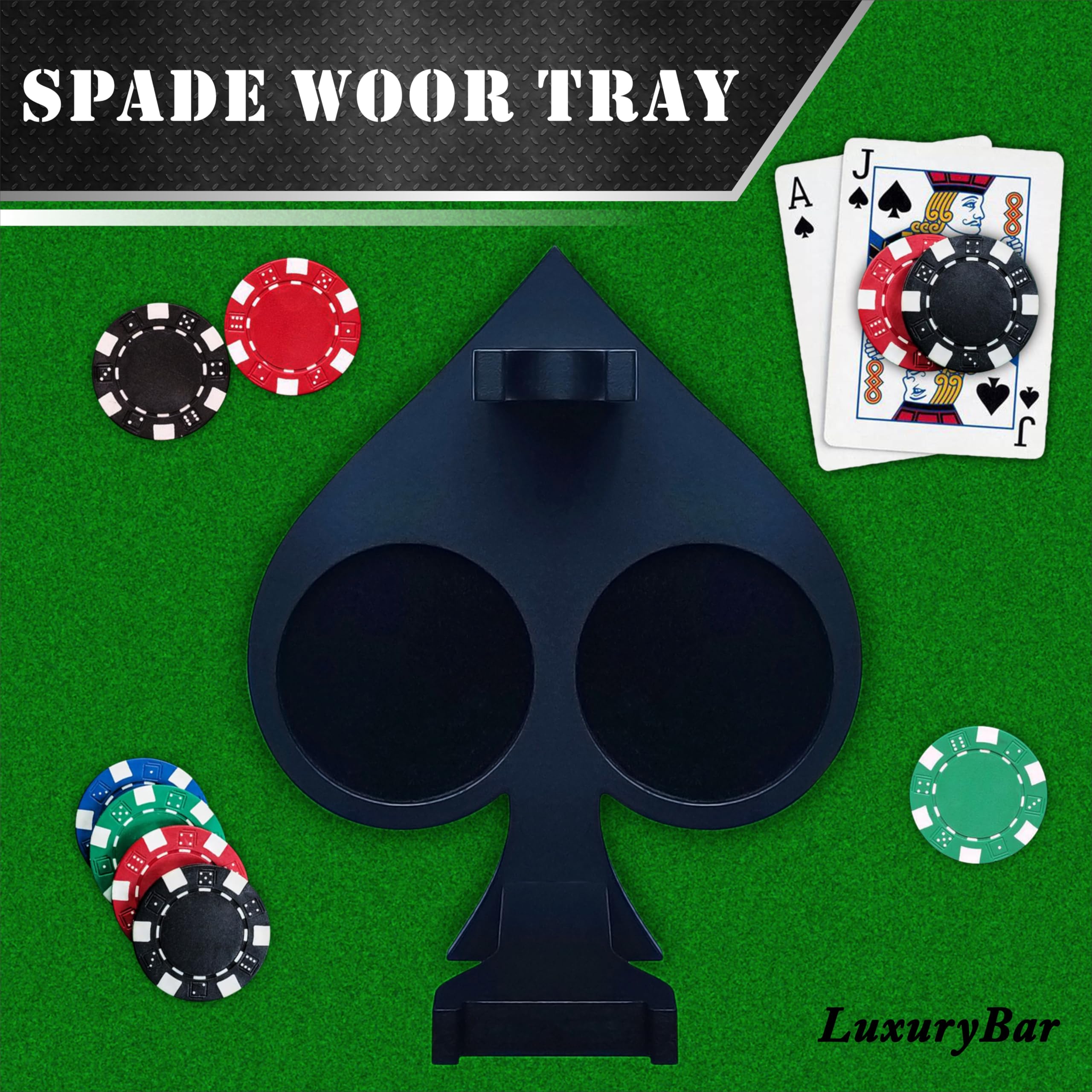 LuxuryBar spade wood tray keeps decanter and glasses organized for easy service