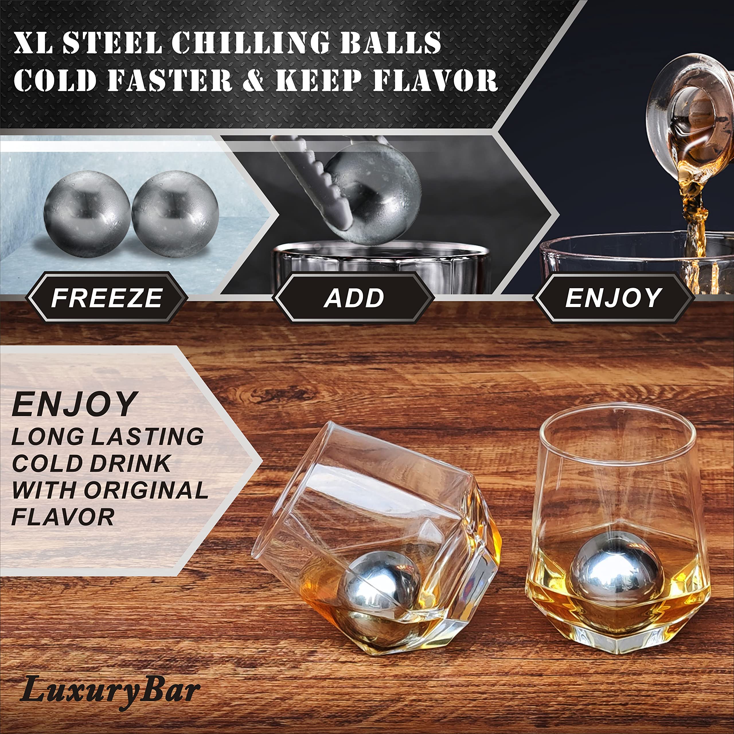 LuxuryBar XL stainless steel chilling balls preserve drink temperature without dilution.