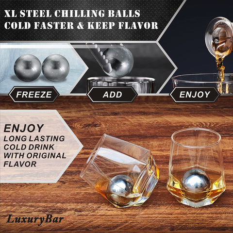 LuxuryBar XL stainless steel chilling balls preserve drink temperature without dilution.