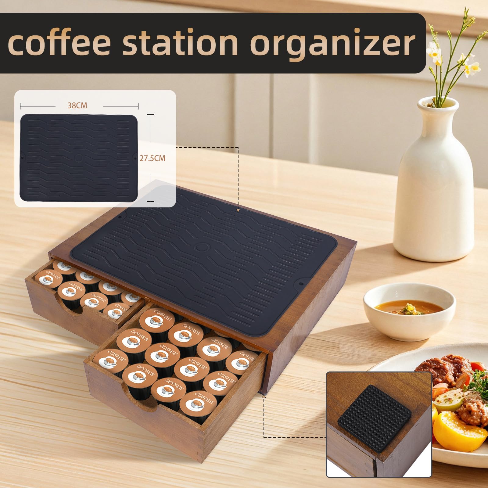 Lveesto coffee organizer features non-slip rubber feet for stable placement.