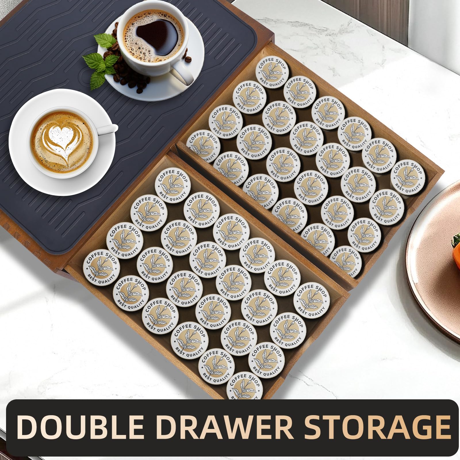 Lveesto space-saving design frees counter space while keeping pods within reach.