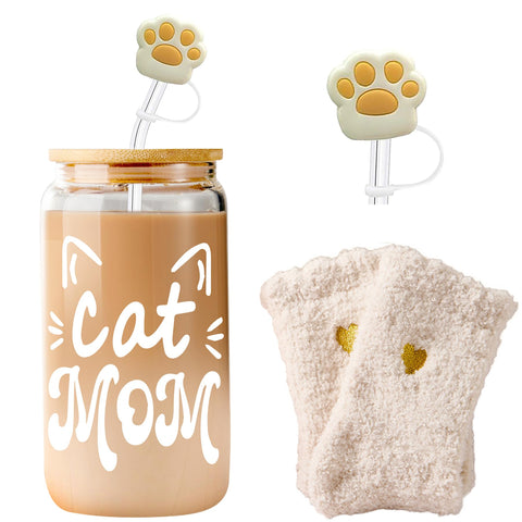 Lvoetgif cat mom coffee glass with lid straw, ideal for cat moms on the go.
