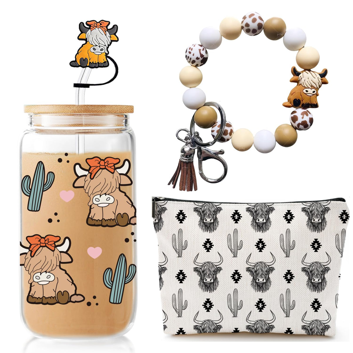 Lvoetgif Highland cow glass cup with lid, ideal for iced coffee on busy mornings