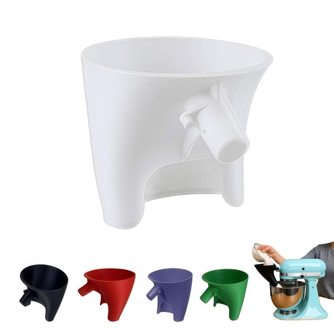 LWOGD flour funnel attached to KitchenAid bowl for mess-free pouring