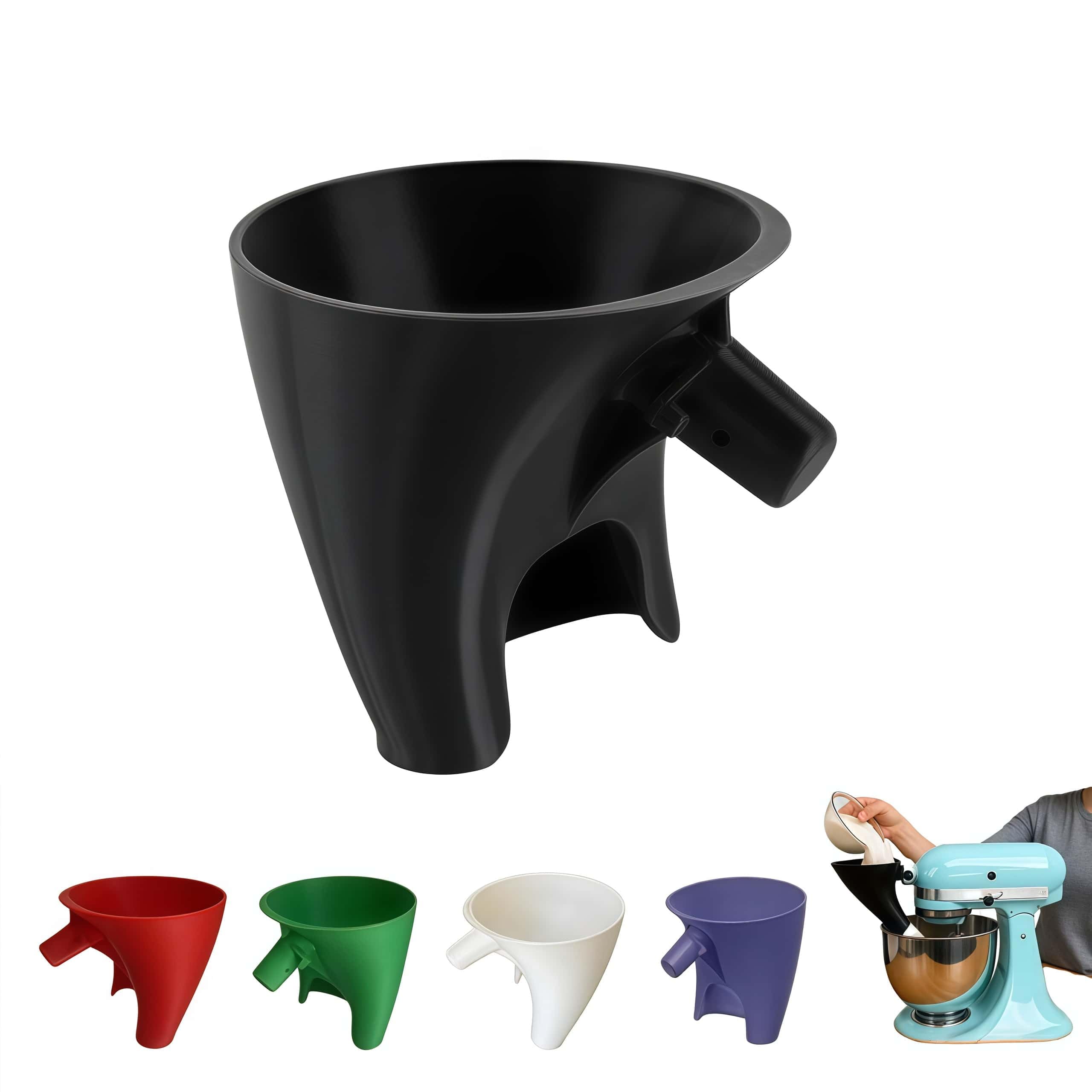 LWOGD flour funnel on KitchenAid tilt-head bowl for clean, splash-free pouring