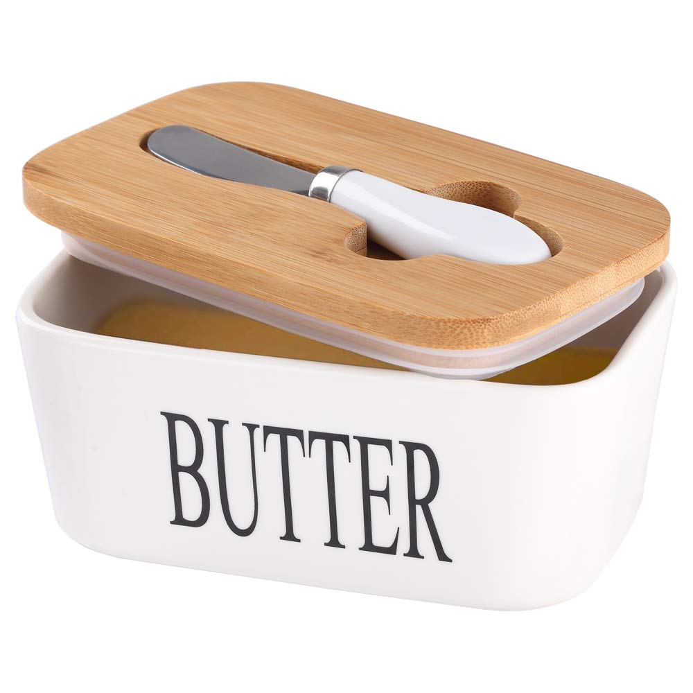 Lxmons ceramic butter dish in white with generous capacity for butter on the counter
