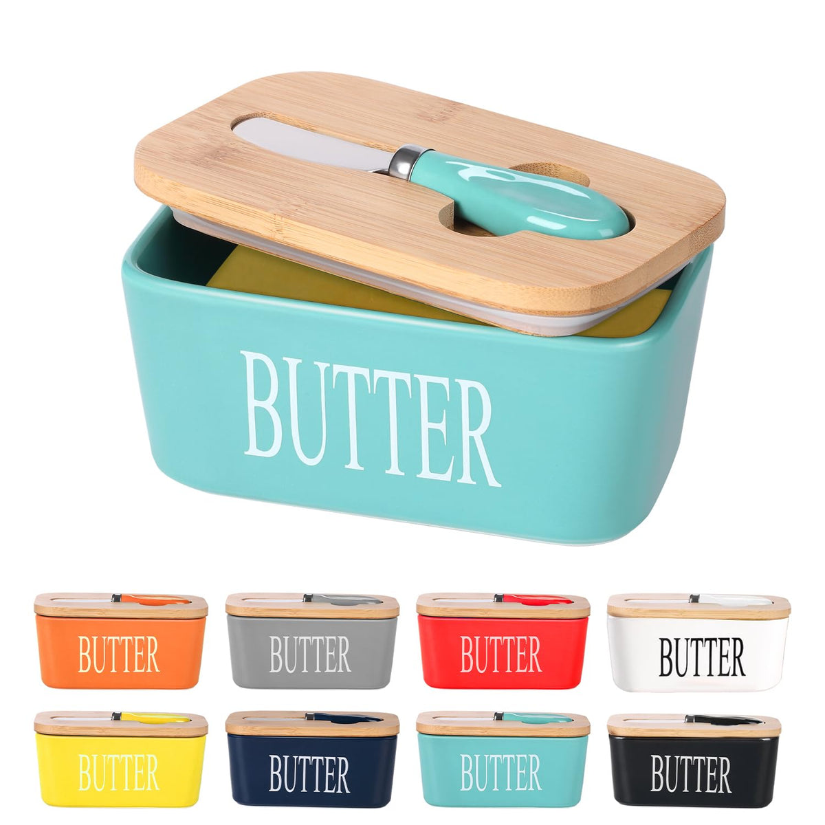 Lxmons ceramic butter dish with wooden lid keeps butter fresh on the counter.