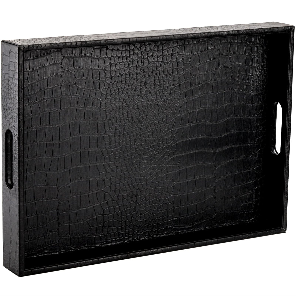 Lyellfe black serving tray with handles for easy transport.