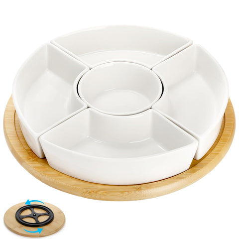 Lyellfe divided serving dish shows the 360° rotation base for effortless self-service.