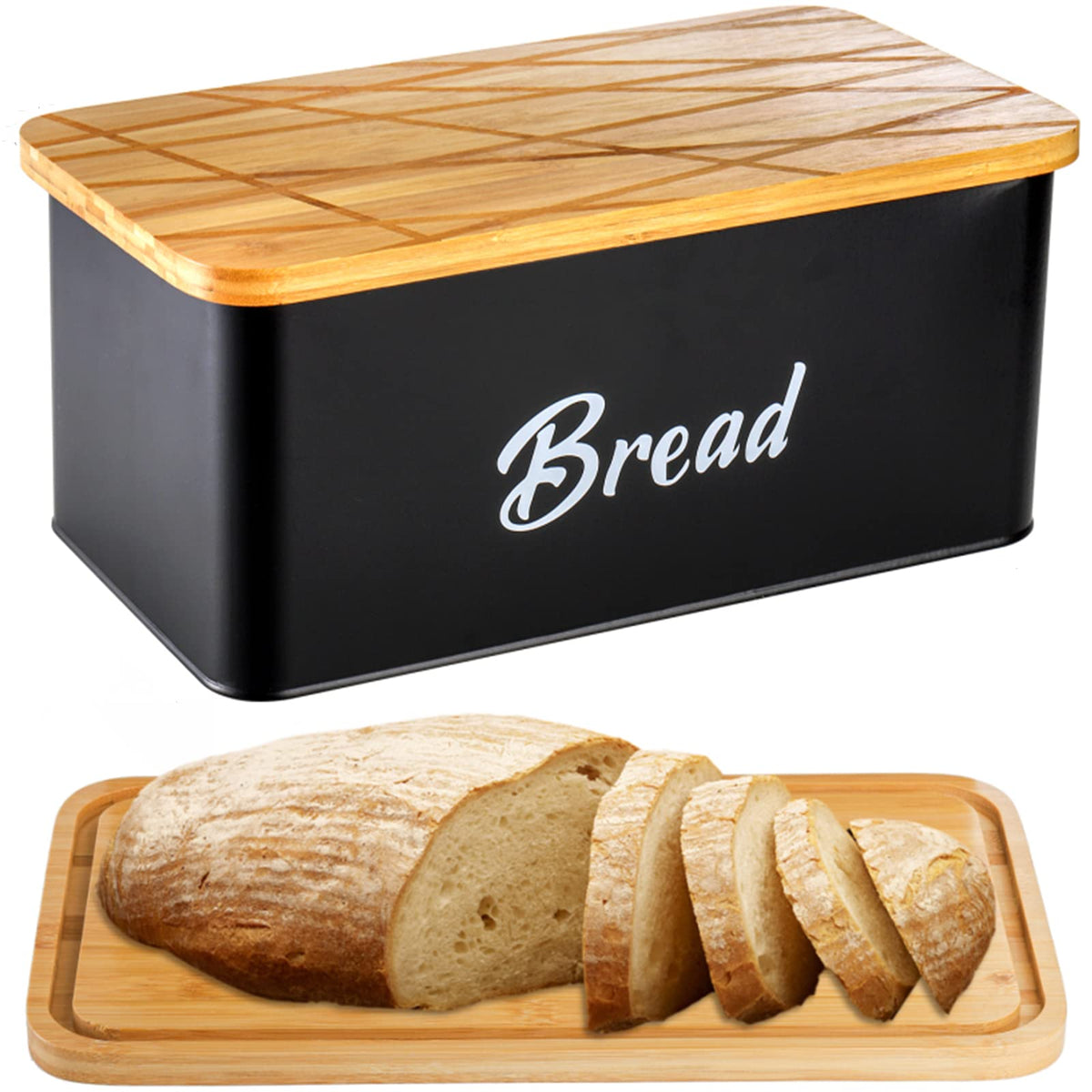 Lyellfe farmhouse bread box with lid on countertop for fresh bread storage.