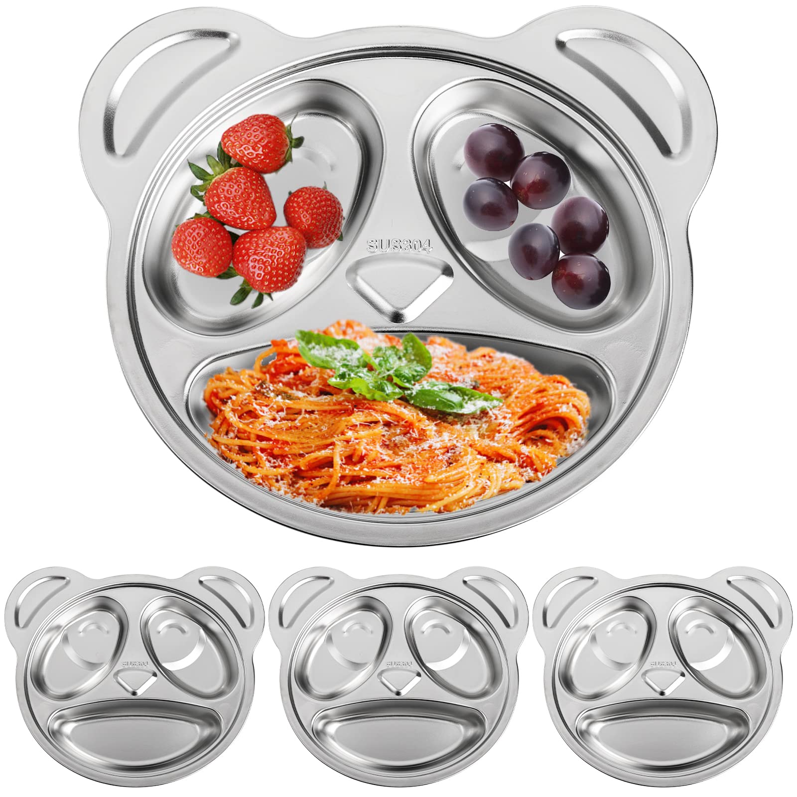 Lyellfe panda divided plate 4-pack front view for kid-friendly meals in three sections