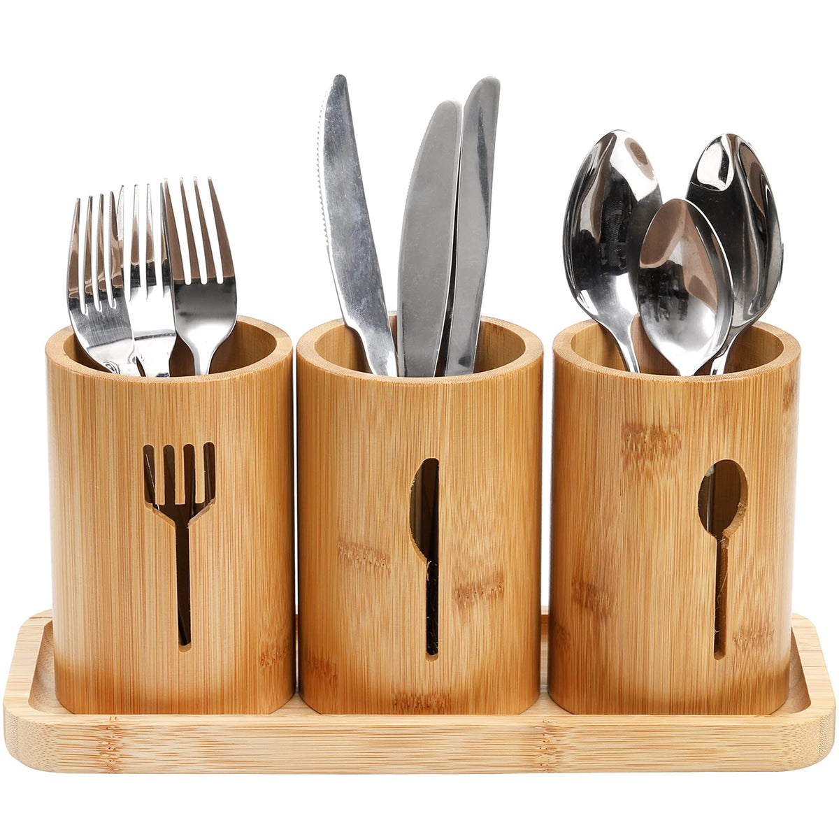 Lyellfe silverware holder set in bamboo with tray for organized flatware storage.