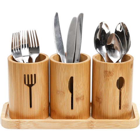 Lyellfe silverware holder set in bamboo with tray for organized flatware storage.