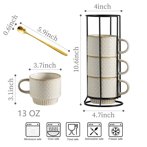 LYEOBOH 4-pack ceramic coffee mugs with spoons for daily use.