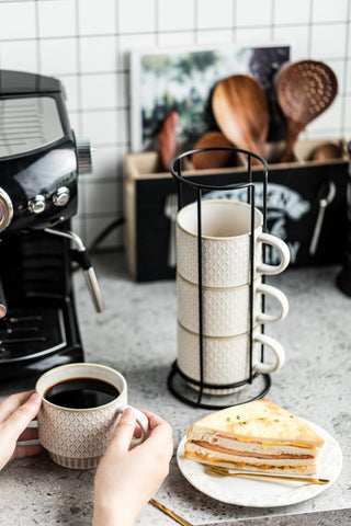 LYEOBOH beige grid-glaze mugs add subtle luxury to table setting.
